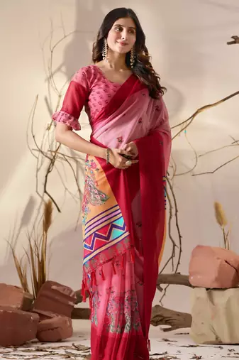 dual-tone pink georgette saree with maroon pallu & multicolor motif detailing