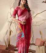 dual-tone pink georgette saree with maroon pallu & multicolor motif detailing