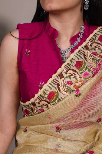 exquisite zari kota tissue saree with elegant thread embroidery