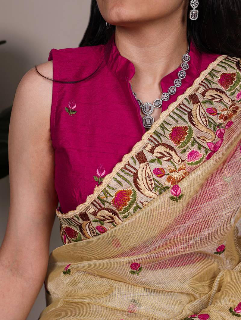 exquisite zari kota tissue saree with elegant thread embroidery