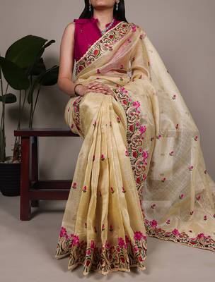 exquisite zari kota tissue saree with elegant thread embroidery 2