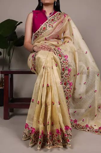 exquisite zari kota tissue saree with elegant thread embroidery
