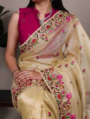 exquisite zari kota tissue saree with elegant thread embroidery 4