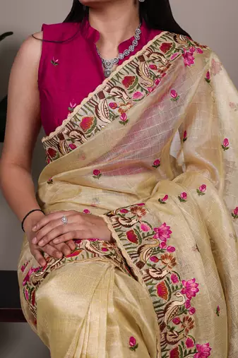 exquisite zari kota tissue saree with elegant thread embroidery