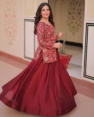Maroon Vichitra silk blend Solid Lehenga Jacquard Blouse 1
