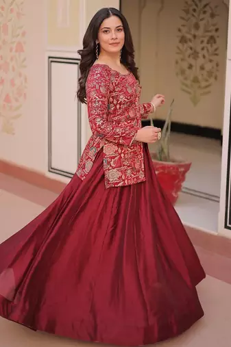 Maroon Color Vichitra Silk Solid Lehenga Jacquard Blouse