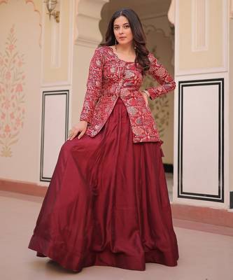 Maroon Vichitra silk blend Solid Lehenga Jacquard Blouse 2