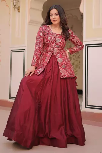 Maroon Color Vichitra silk blend Solid Lehenga Jacquard Blouse