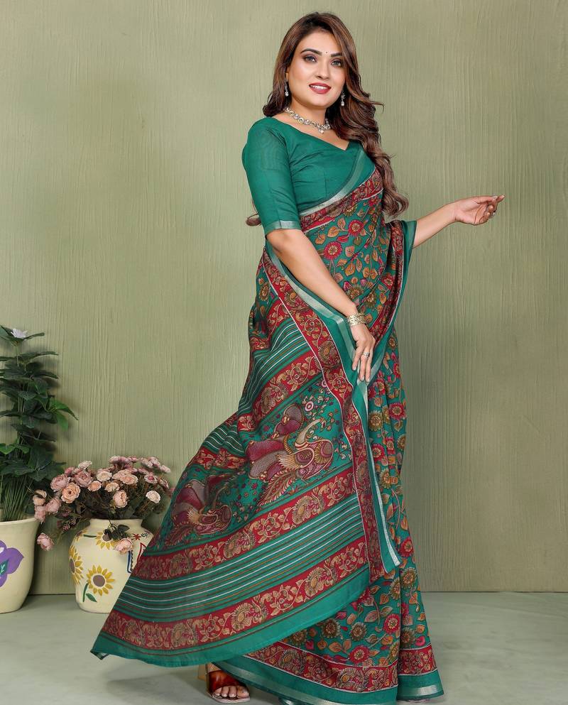 rama color mul cotton fabric designer printed partywear saree