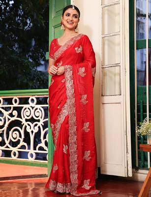 red embroidery work tissue ceremonial saree 1