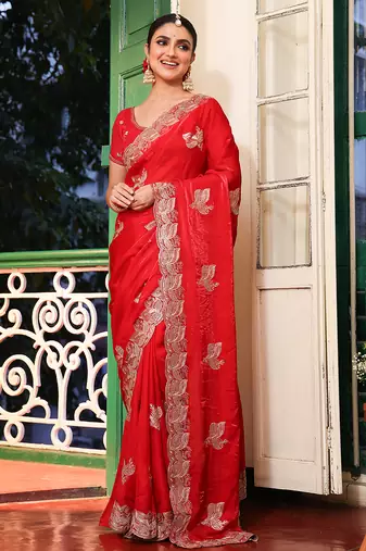 red color embroidery work tissue fabric beautiful ceremonial saree