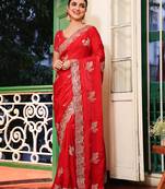 red color embroidery work tissue fabric beautiful ceremonial saree