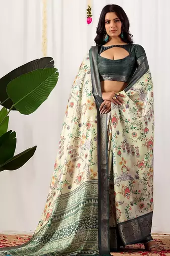 pista soft lichi silk blend saree with vibrant floral prints & intricate zari border