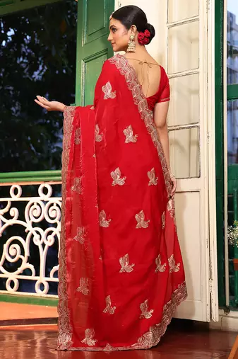 red embroidery work tissue ceremonial saree