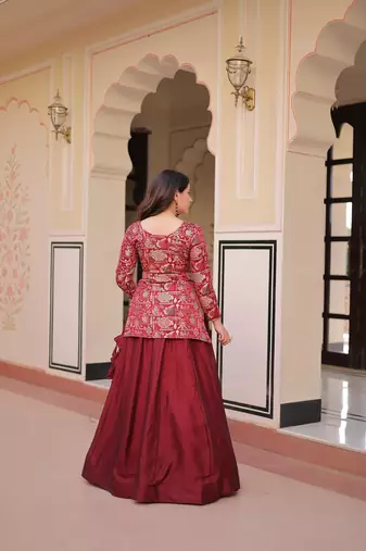Maroon Color Vichitra silk blend Solid Lehenga Jacquard Blouse