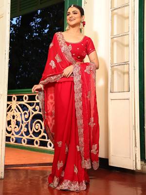 red embroidery work tissue ceremonial saree 4