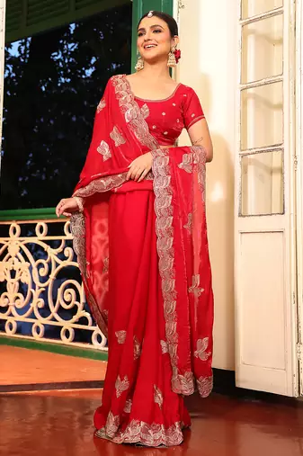 red embroidery work tissue ceremonial saree