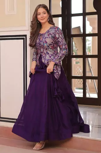 Purple Color Vichitra silk blend Solid Lehenga Jacquard Blouse