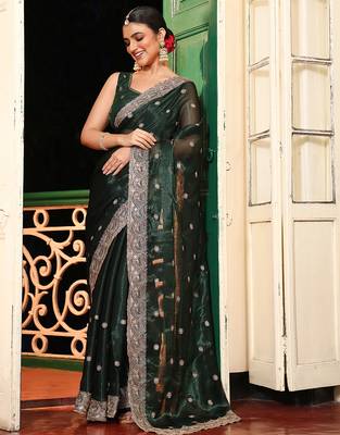 green embroidery work organza ceremonial saree 1