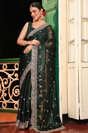 green color embroidery work organza fabric beautiful ceremonial saree