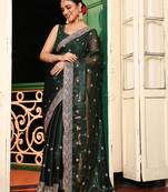 green color embroidery work organza fabric beautiful ceremonial saree
