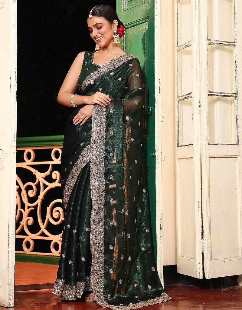 green color embroidery work organza fabric beautiful ceremonial saree