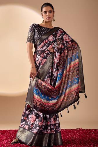 black lichi silk blend saree with floral prints & multicolor traditional pallu