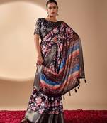 black lichi silk blend saree with floral prints & multicolor traditional pallu