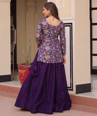 Purple Vichitra silk blend Solid Lehenga Jacquard Blouse 4