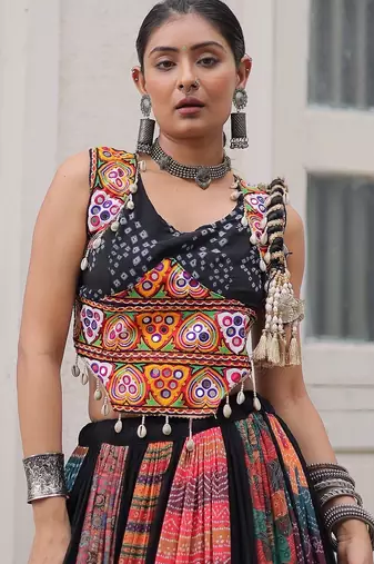 Black Color Print Gamthi Embroidered Work Lehenga Choli