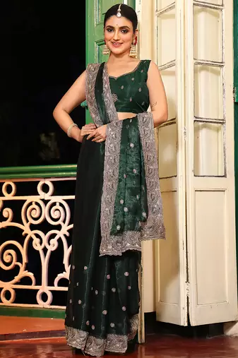 green embroidery work organza ceremonial saree