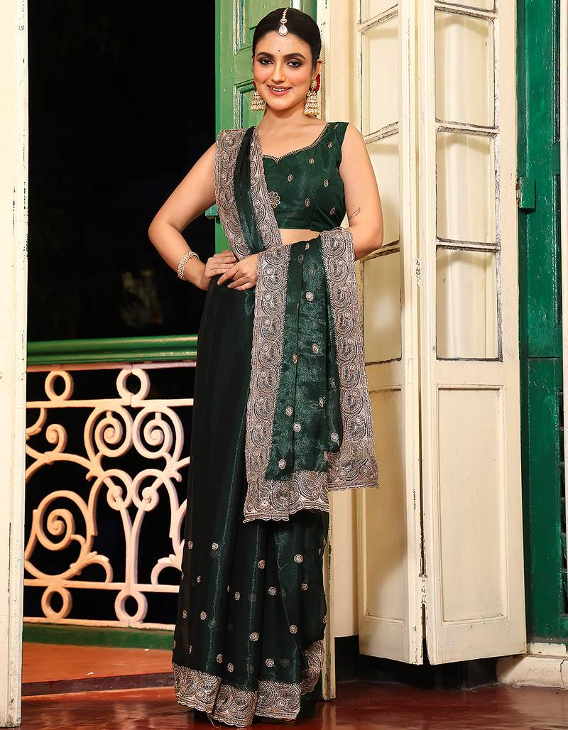 green color embroidery work organza fabric beautiful ceremonial saree