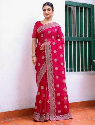 pink embroidery work chiffon ceremonial saree 1