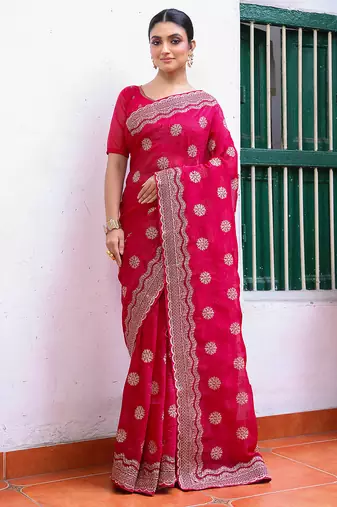 pink color embroidery work chiffon fabric beautiful ceremonial saree