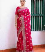 pink color embroidery work chiffon fabric beautiful ceremonial saree