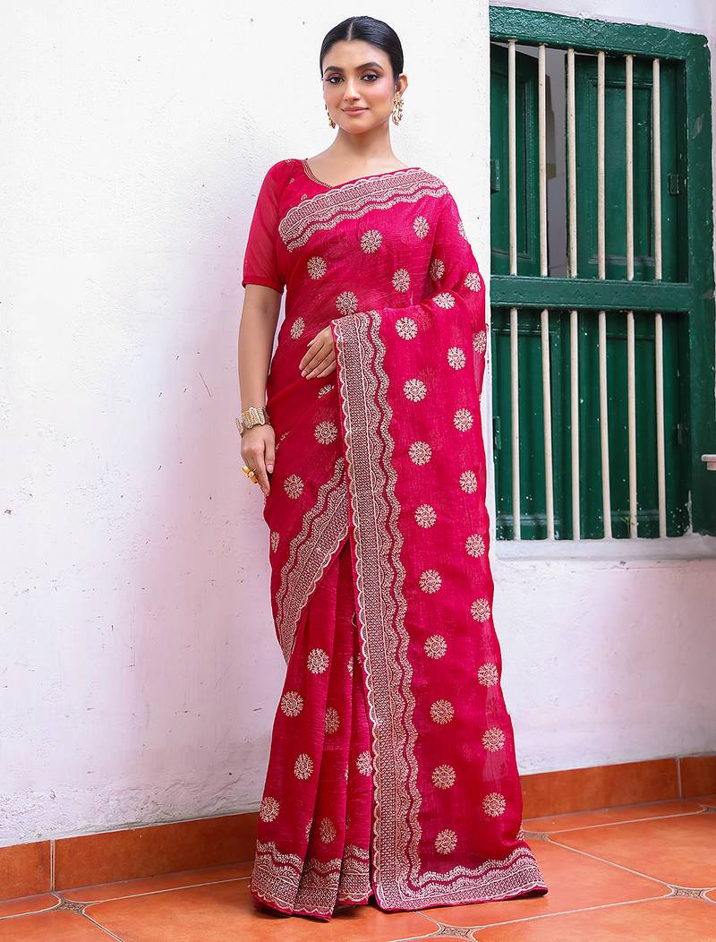 pink color embroidery work chiffon fabric beautiful ceremonial saree
