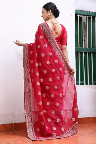 pink embroidery work chiffon ceremonial saree