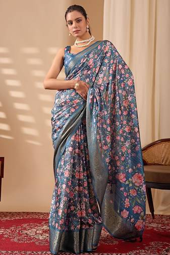 deep teal lichi silk blend saree with rose floral prints & golden zari border