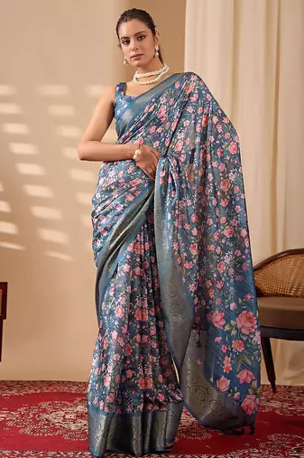 deep teal lichi silk blend saree with rose floral prints & golden zari border