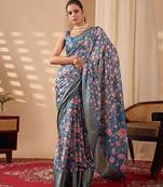 deep teal lichi silk blend saree with rose floral prints & golden zari border