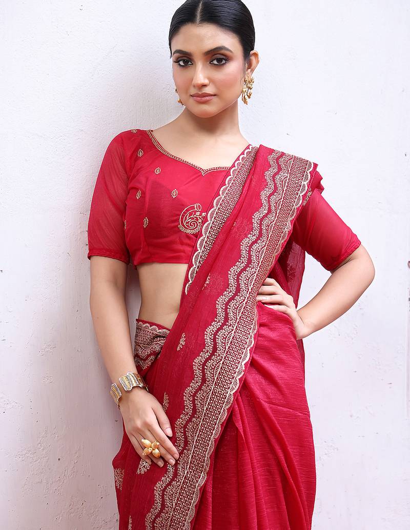 pink color embroidery work chiffon fabric beautiful ceremonial saree