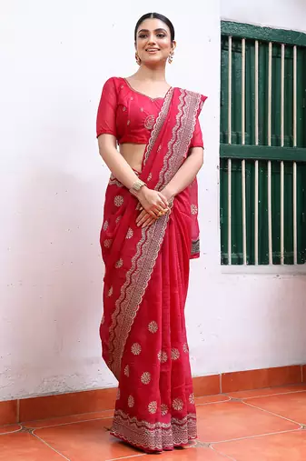 pink embroidery work chiffon ceremonial saree