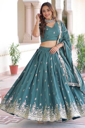 Rama Color Vichitra Silk Sequins Zari Multi Embroidered Lehenga Choli With Dupatta