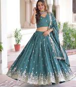 Rama Color Vichitra Silk Sequins Zari Multi Embroidered Lehenga Choli With Dupatta