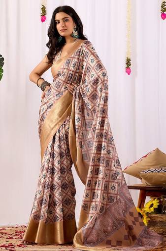 soft lichi silk blend saree with traditional geometric prints & golden zari border