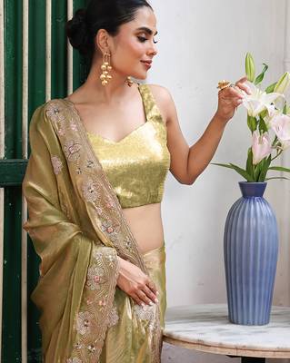 pista embroidery work tissue ceremonial saree 3