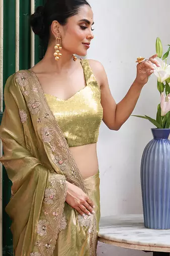 pista embroidery work tissue ceremonial saree