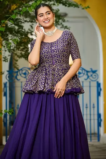 Purple Color Fendi silk blend Solid Lehenga Embroidered Blouse