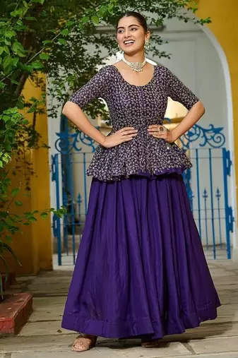 Purple Color Fendi silk blend Solid Lehenga Embroidered Blouse
