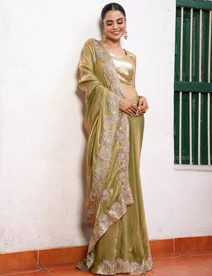 pista embroidery work tissue ceremonial saree 4